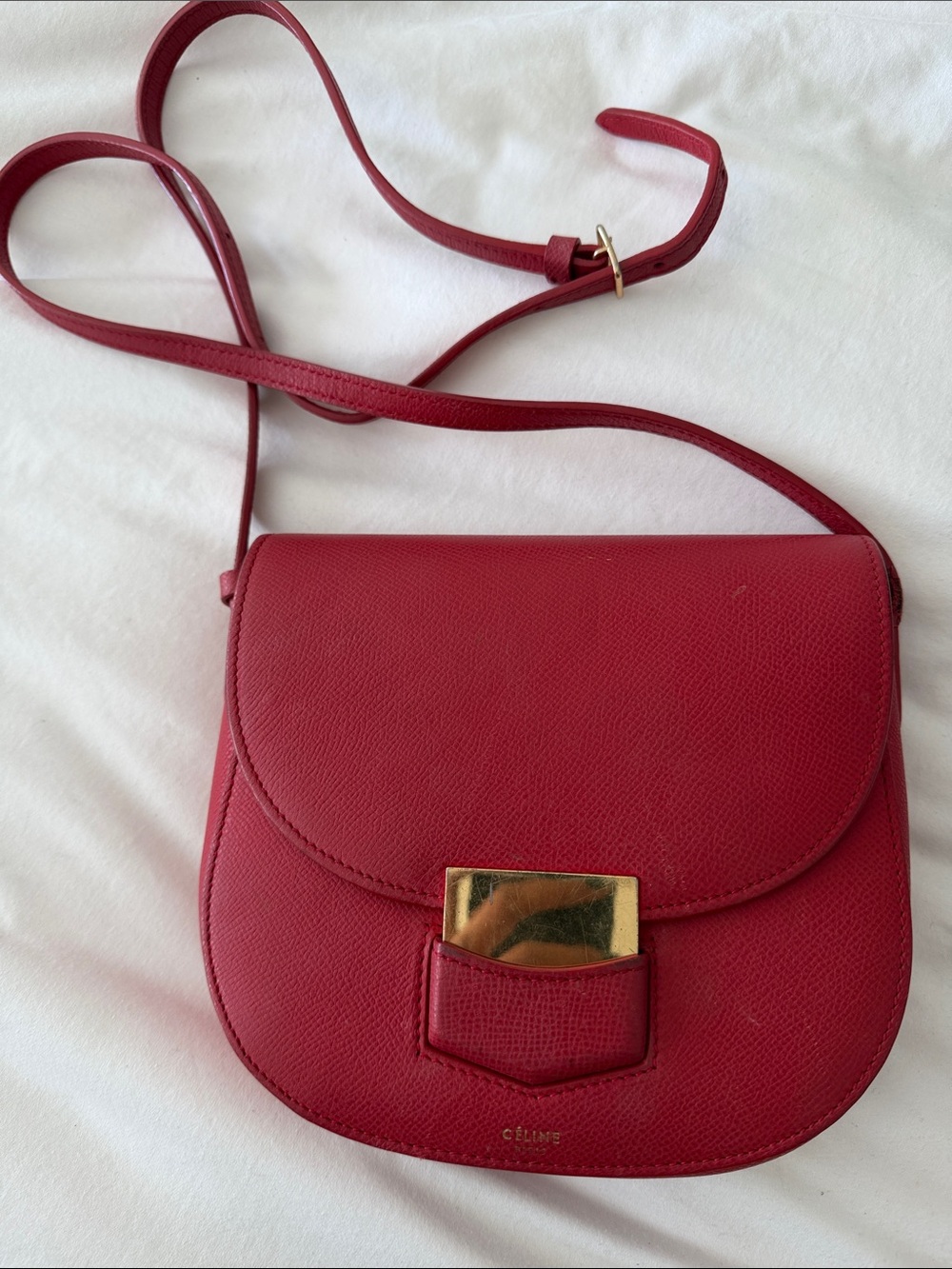 Celine red leather crossbody with gold hardware